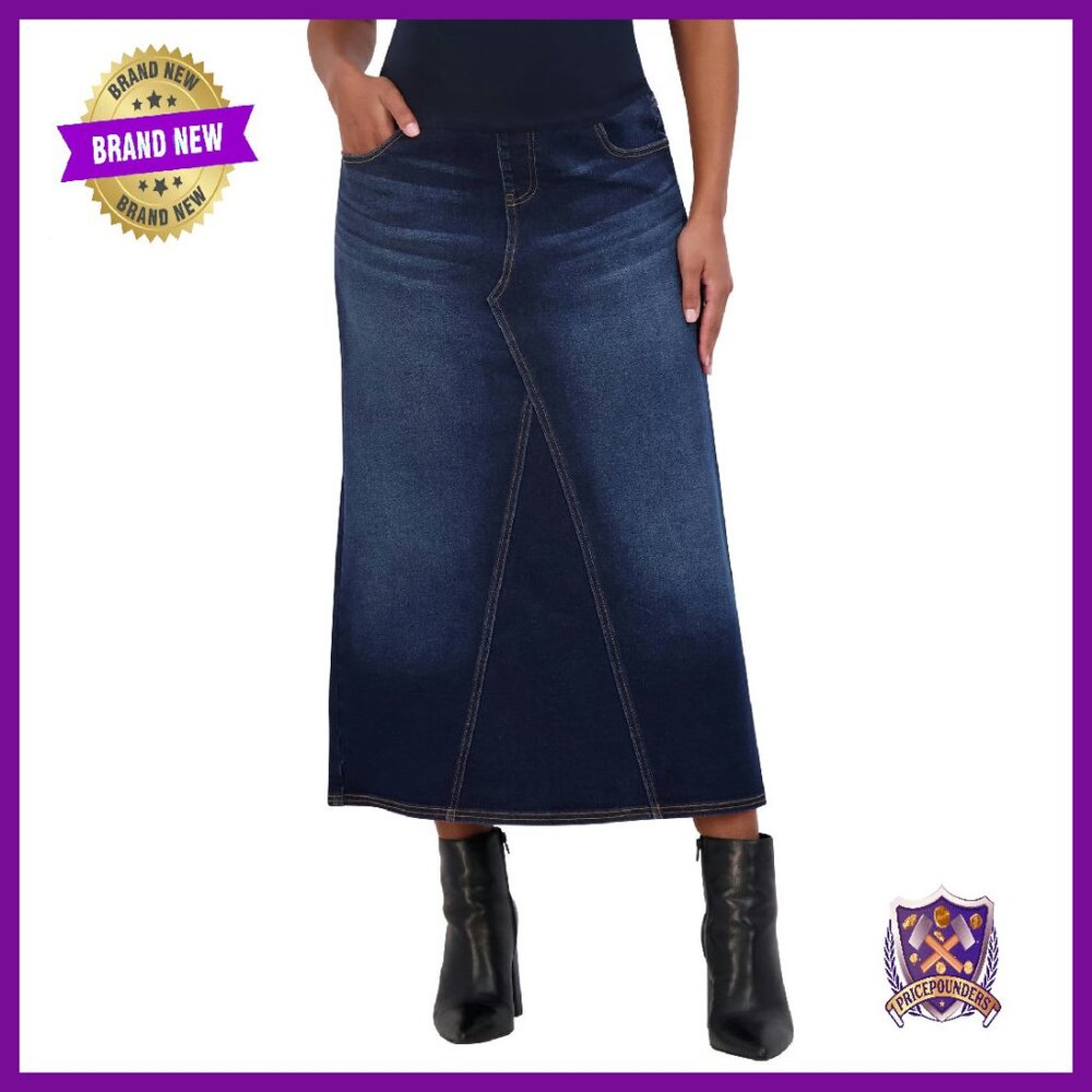 Denim Maternity Maxi Skirt With Pockets - Over Belly A-Line Fit